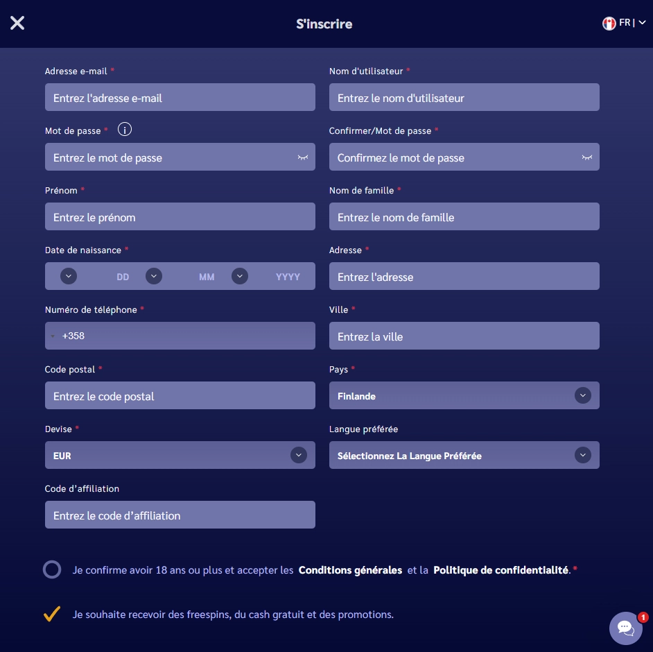 Formulaire d’inscription au casino ShinyWilds avec informations personnelles coordonnées et préférences du compte