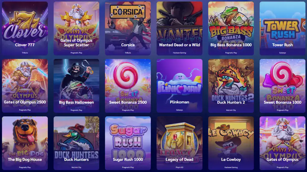 Jeux de machines à sous du casino ShinyWilds avec des titres populaires comme Gates of Olympus Big Bass Bonanza et Sugar Rush